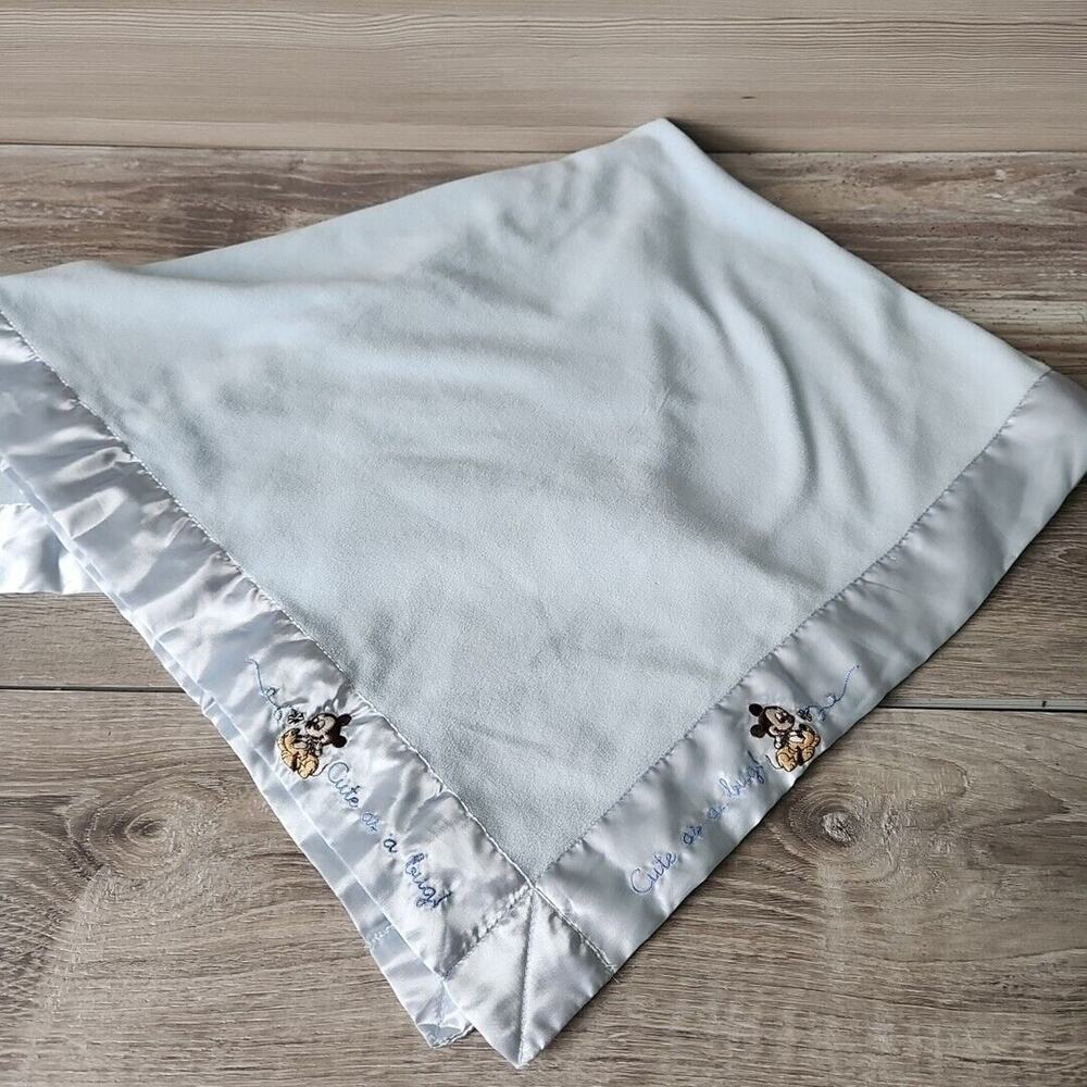 Disney‎ Baby Stitched Mickey Design Blue Blanket Satin Trim Lovey Cute As A Bug